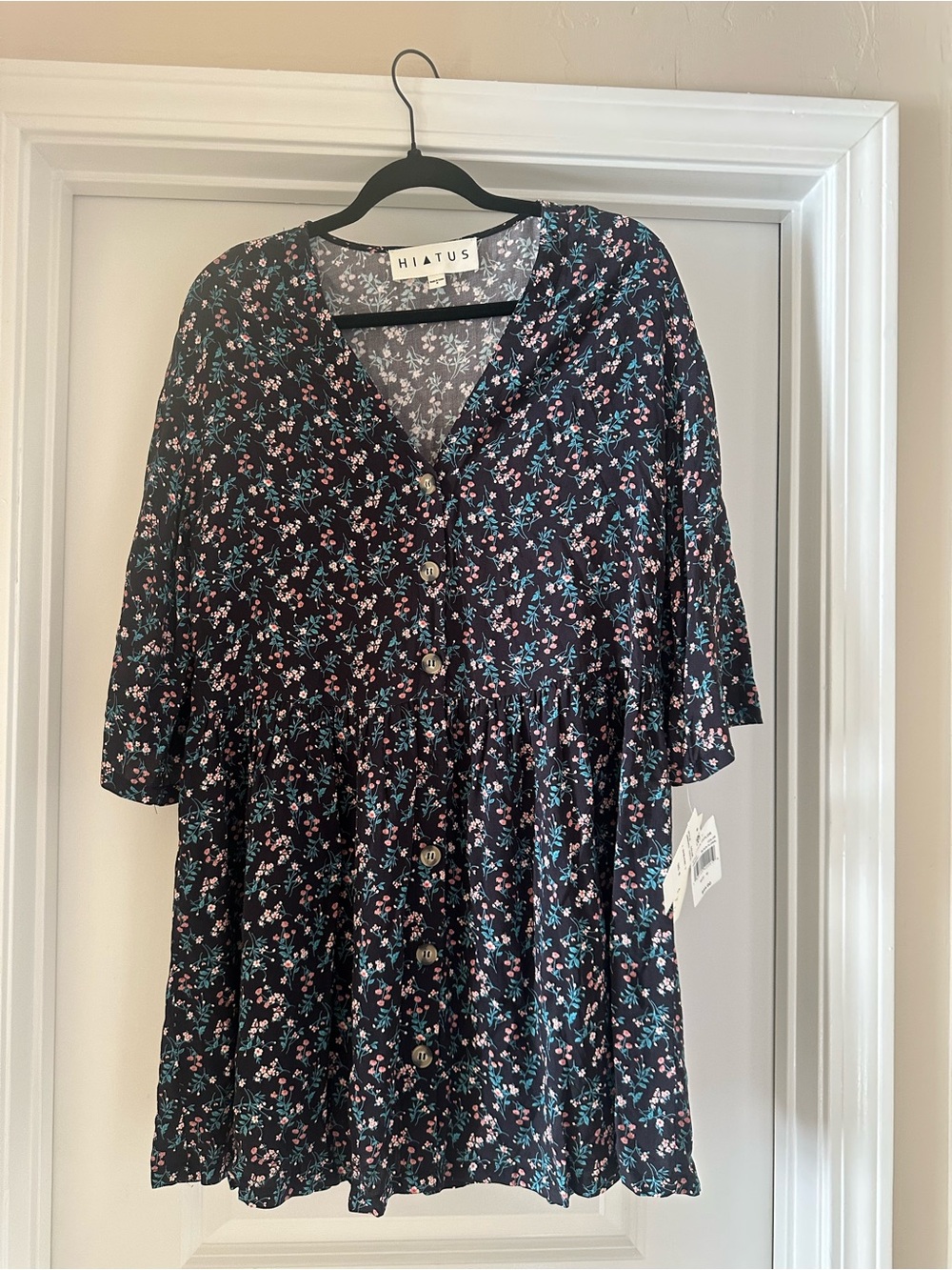 Hiatus Black Floral Button-Front Mini Dress with Teal & Pink Accents